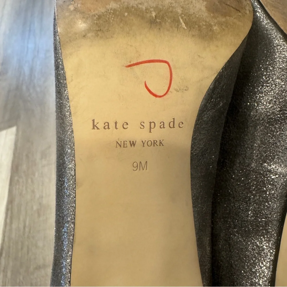 Kate Spade Heels Womens 9 Gray Shimmer Open Toed Pump Bows Cocktail Party